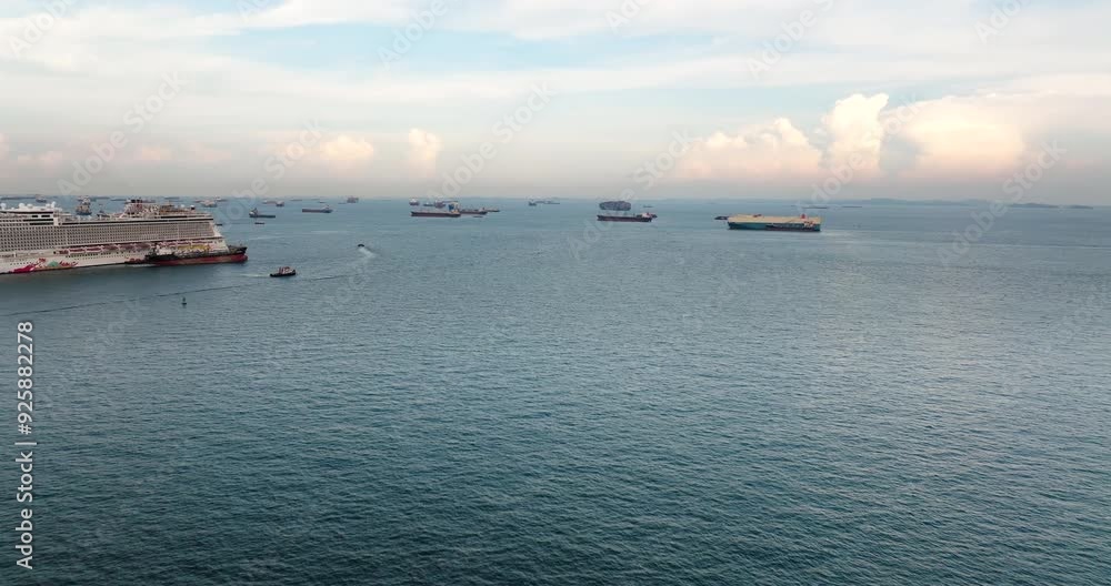 Container ships moored in front of Singapore Port. Aerial forward and copy space Container ships moored in front of Singapore Port. Aerial forward and copy space