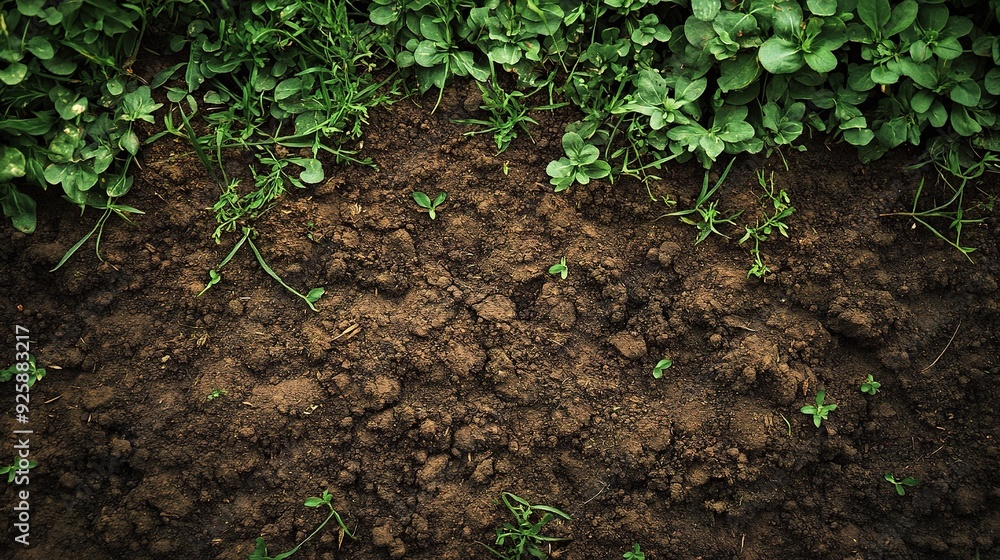 Dark Soil and Lush Green Plants: A close-up shot of dark, fertile soil contrasted against vibrant green plants, showcasing the beauty of nature's cycle. Perfect for agricultural, environmental. Dark Soil and Lush Green Plants: A close-up shot of dark, fertile soil contrasted against vibrant green plants, showcasing the beauty of nature's cycle. Perfect for agricultural, environmental.