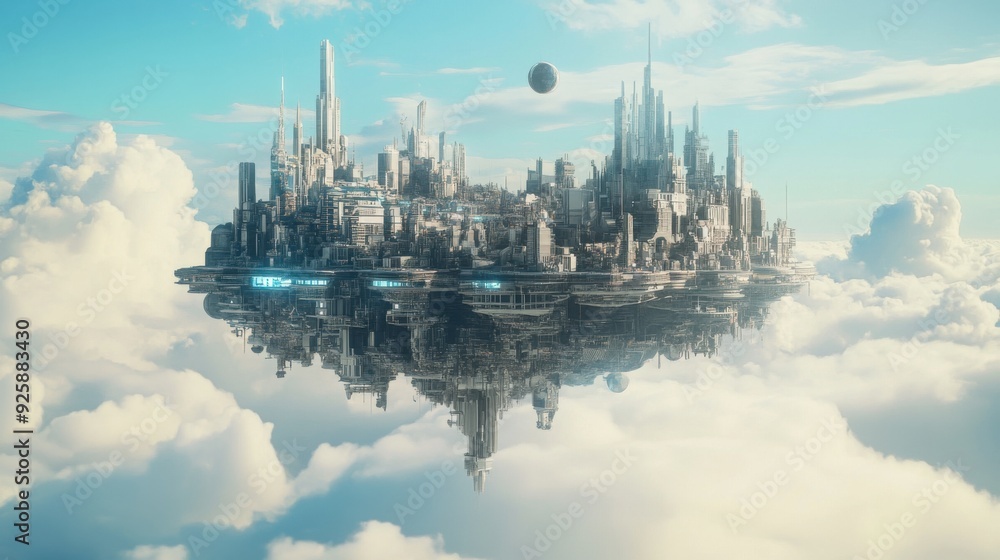 Fototapeta premium Futuristic Sky City - 3D Illustration of Advanced Technology in Floating Metropolis