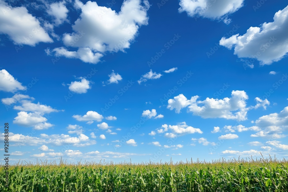 Iowa Land. Beautiful Corn Field with Young Stalks and Cobs Against Blue Sky Background Iowa Land. Beautiful Corn Field with Young Stalks and Cobs Against Blue Sky Background