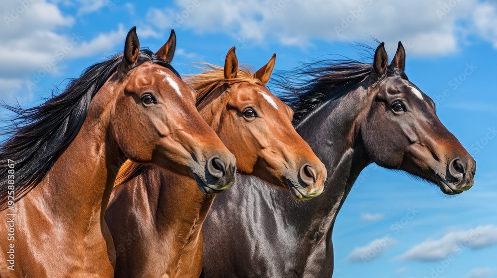 Obraz premium Three Horses Against Blue Sky