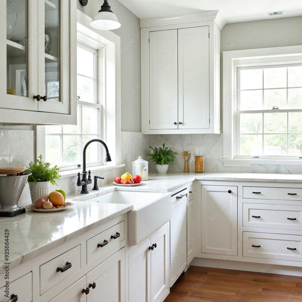 Fototapeta premium Modern White Kitchen Interior Design with Sunlit Windows and Marble Countertops