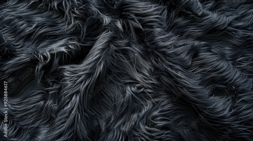 Close-up of black faux fur showing a soft, fluffy texture. The concept of fabric and textile texture. Close-up of black faux fur showing a soft, fluffy texture. The concept of fabric and textile texture.