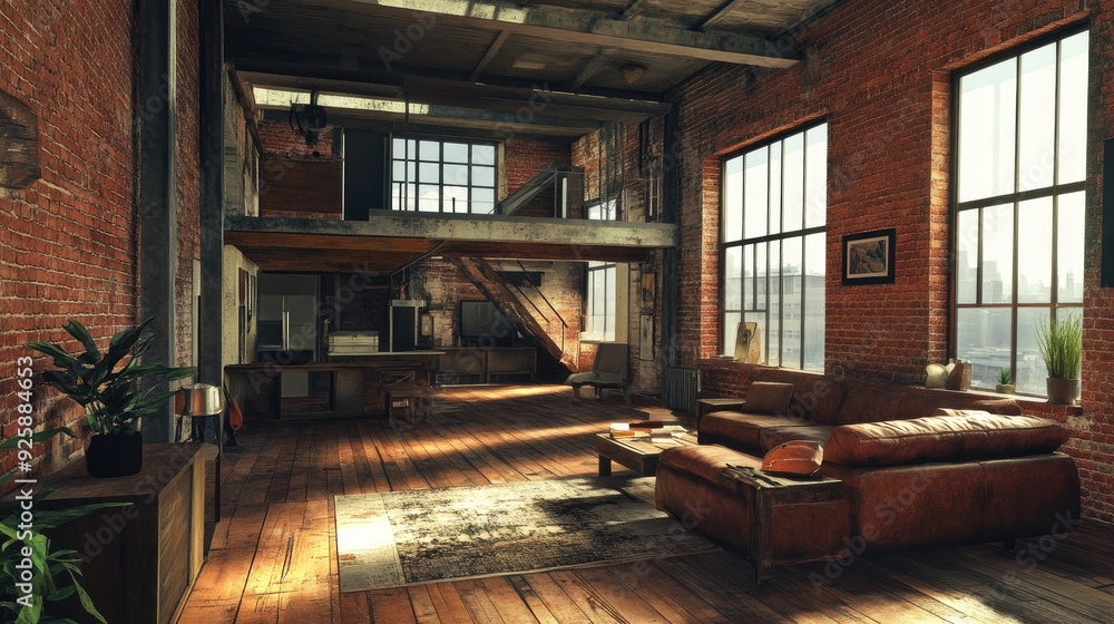 Fototapeta premium A red brick loft with a grunge interior, showcasing rugged brick walls and a warm, weathered wooden floor.