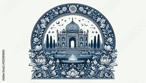 Traditional Indian Mughal arch garden, peacock, parrot plant vector illustration with isolated background