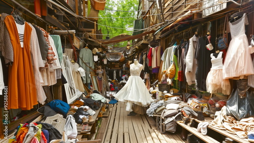 Scene of used clothing, thrift shops. 
