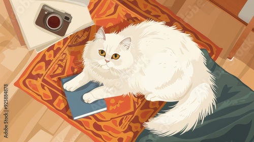 A cozy scene featuring a fluffy white cat lounging on a colorful rug with a book and camera nearby, perfect for cat lovers. photo