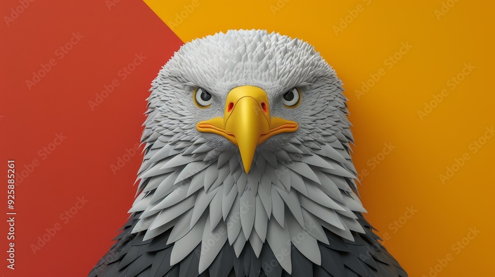 Fototapeta premium Close-up of a majestic bald eagle with a vibrant red and yellow background, showcasing its powerful gaze and intricate feathers.