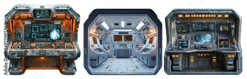 Futuristic control panel set isolated on transparent background ideal for technology and science fiction themed designs and concepts with complex interfaces