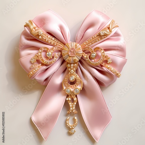 An exquisite pink bow with gold and crystal embellishments, perfect for adding a touch of luxury.