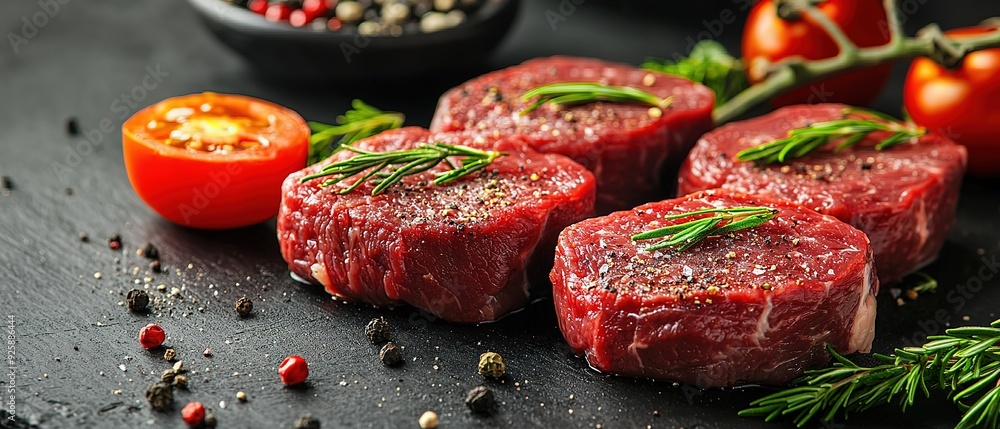 Raw beef steak with herbs, wide poster Raw beef steak with herbs, wide poster