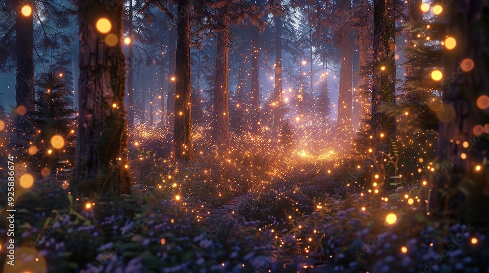 Naklejka premium Lush Forest Bathed in Golden Summer Sunlight from Low Angle