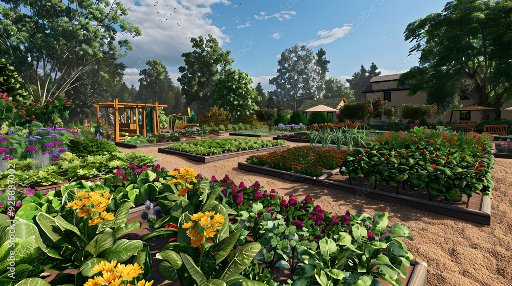 Vibrant Garden with Colorful Blooms and Lush Greenery Vibrant Garden with Colorful Blooms and Lush Greenery