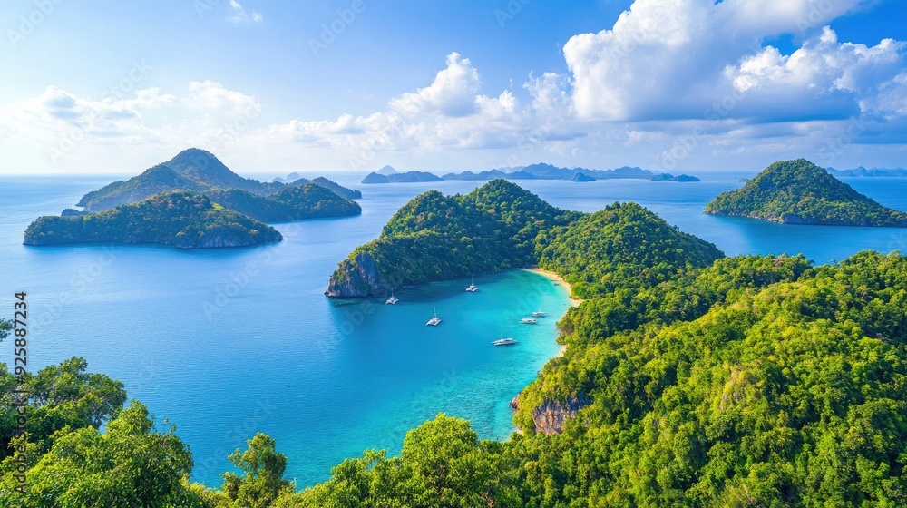 A serene scene of Thai islands and lush mountains, surrounded by the calm ocean waters. Ideal for highlighting the beauty of travel and adventure in Phuket. A serene scene of Thai islands and lush mountains, surrounded by the calm ocean waters. Ideal for highlighting the beauty of travel and adventure in Phuket.