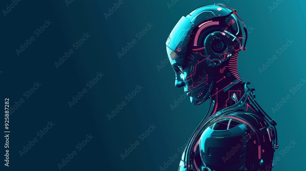 Cybernetic robot in futuristic design with detailed mechanical parts, illuminated in neon blue light. Concept of AI and advanced technology. Cybernetic robot in futuristic design with detailed mechanical parts, illuminated in neon blue light. Concept of AI and advanced technology.