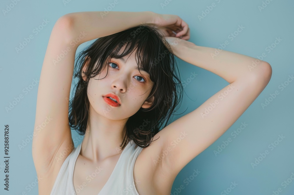 脇を見せている笑顔の日本人女性(脱毛・脇脱毛・医療脱毛・美容脱毛・美容皮膚科) 脇を見せている笑顔の日本人女性(脱毛・脇脱毛・医療脱毛・美容脱毛・美容皮膚科)