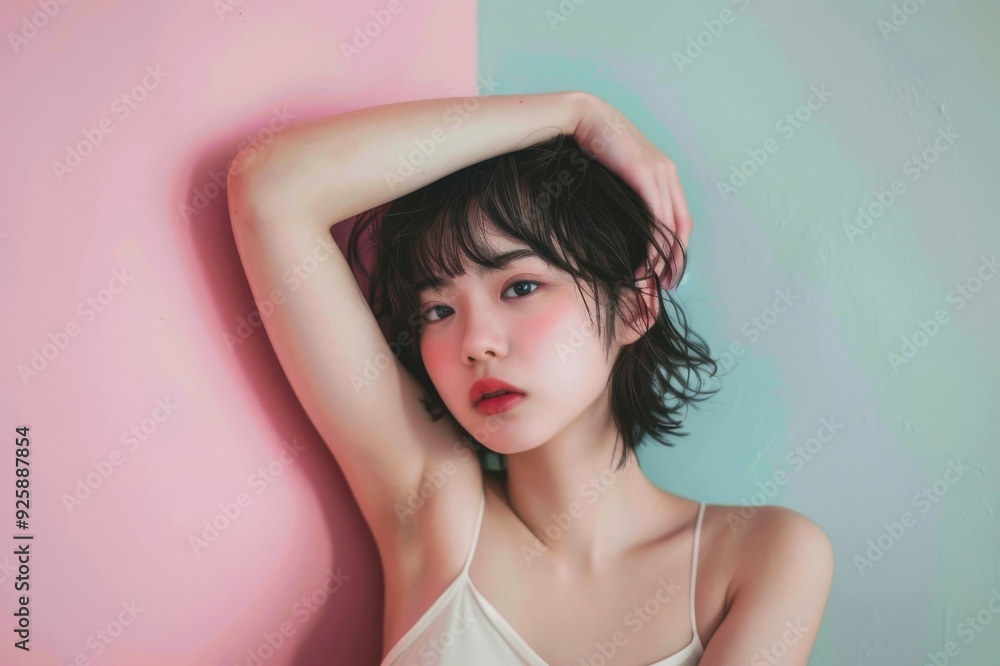 Obraz premium 脇を見せている笑顔の日本人女性（脱毛・脇脱毛・医療脱毛・美容脱毛・美容皮膚科）
