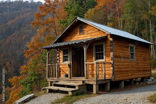 Kabin kayu pedesaan, teras depan dan matahari terbenam, Cumberland Gap Natl Park photo