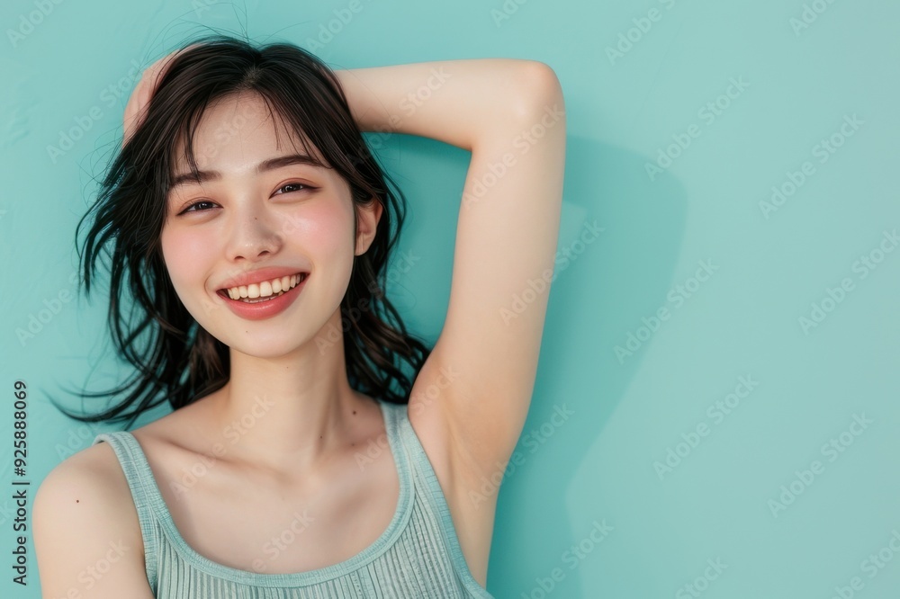 脇を見せている笑顔の日本人女性(脱毛・脇脱毛・医療脱毛・美容脱毛・美容皮膚科) 脇を見せている笑顔の日本人女性(脱毛・脇脱毛・医療脱毛・美容脱毛・美容皮膚科)