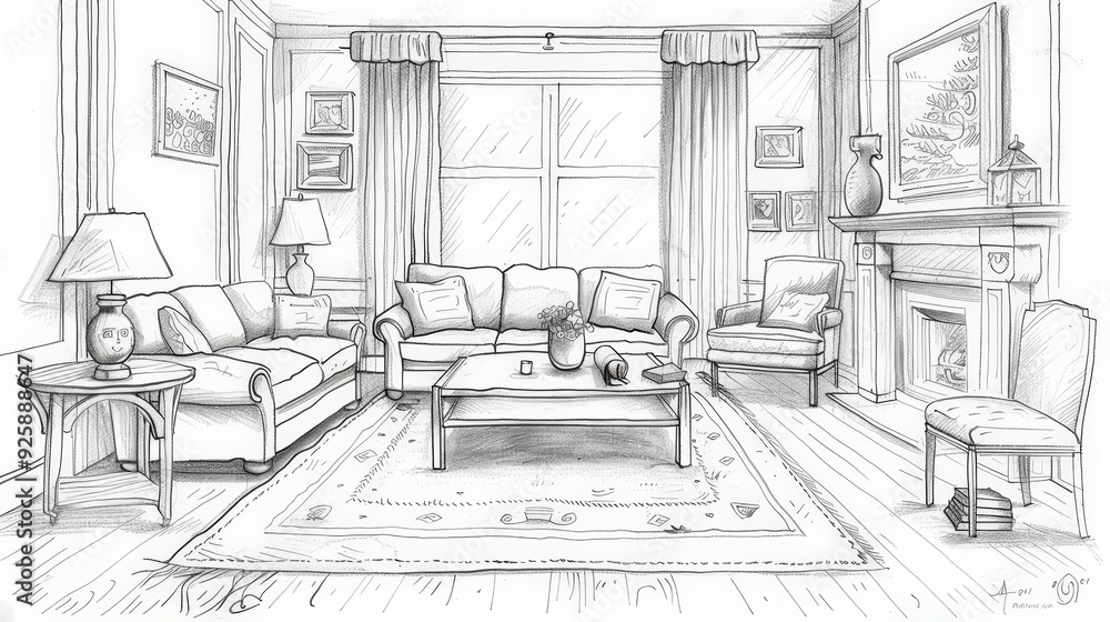 Create a detailed sketch of a living room featuring a plush sofa, a coffee table with a decorative vase, and a large rug Create a detailed sketch of a living room featuring a plush sofa, a coffee table with a decorative vase, and a large rug
