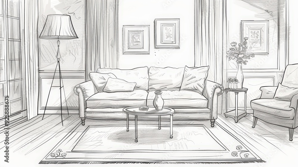 Create a detailed sketch of a living room featuring a plush sofa, a coffee table with a decorative vase, and a large rug Create a detailed sketch of a living room featuring a plush sofa, a coffee table with a decorative vase, and a large rug