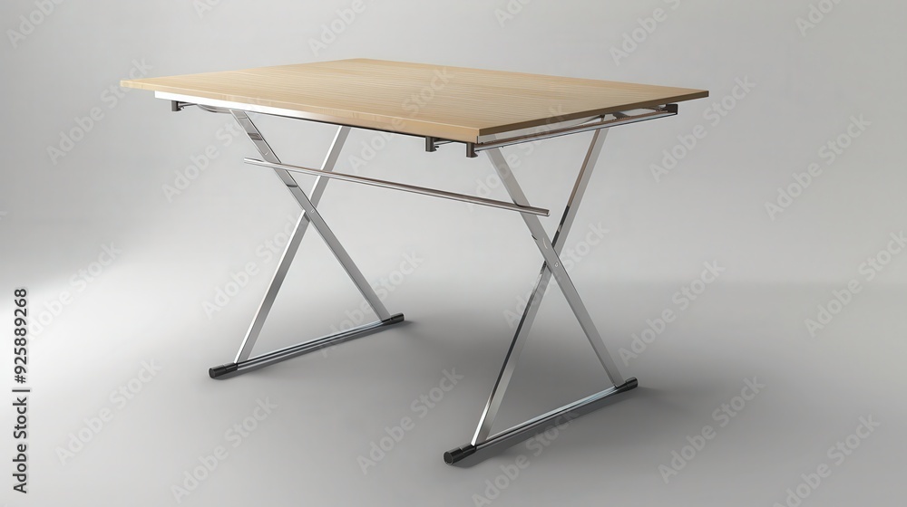 Create a dining table with a compact, foldable design and a sleek, metal frame. Create a dining table with a compact, foldable design and a sleek, metal frame.