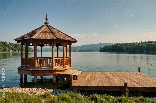 Two wooden gazebo near the lake with a green roof.