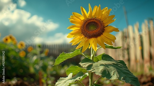 A panoramic view of a sunflower plant in its mid-growth stage, strong stem, larger leaves, slightly cloudy sky, garden fence in the background, vibrant and healthy, hd quality, natural look.