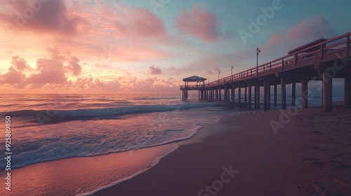 Fototapeta Naklejka Na Ścianę i Meble -  Broward County Sunrise: Pompano Beach Pier in Florida with Breathtaking Ocean View