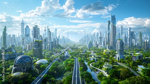 A panoramic view of the city skyline in the 2060s, fully integrated smart city, futuristic buildings with eco-friendly designs, autonomous vehicles, vibrant and utopian urban environment,