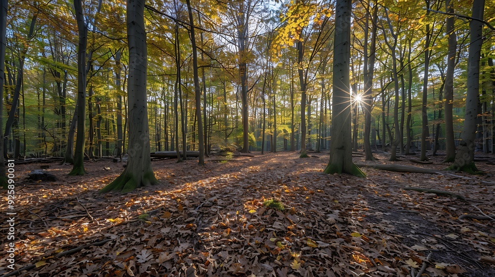 A wide-angle photograph of a forest canopy in late summer, leaves starting to show hints of yellow and orange, warm golden light of late afternoon, a few fallen leaves on the forest floor, hd quality, A wide-angle photograph of a forest canopy in late summer, leaves starting to show hints of yellow and orange, warm golden light of late afternoon, a few fallen leaves on the forest floor, hd quality,