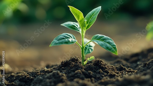 A single green sprout breaks through the rich, dark soil in a field, symbolizing hope, growth, and new beginnings.