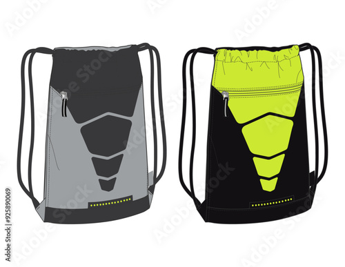 Drawstring Bag CAD Technical Fashion Illustration Schoolbag Vector Design Template	