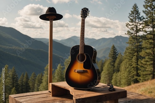 A guitar with a hat on top of it is sitting on a wooden platform.  photo