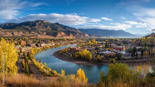 Durango Colorado City Panorama: Scenic View of the Animas River in the Southwest Town