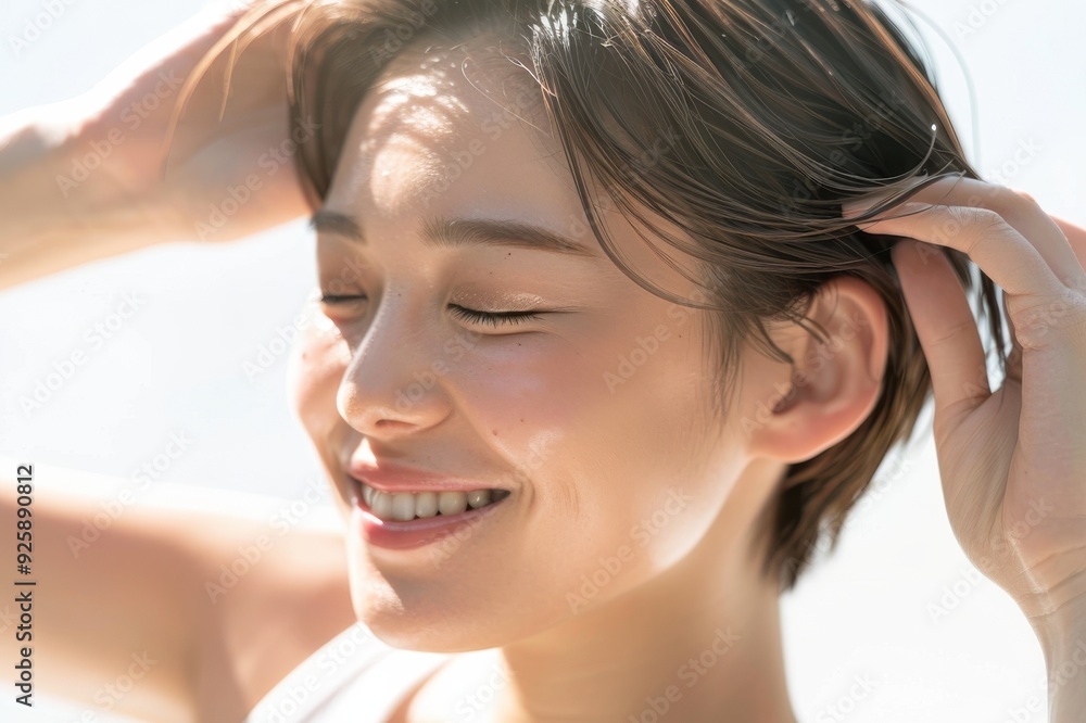 朝の光の中で目を閉じる笑顔の日本人女性(美容・朝活・快眠・睡眠・幸せ・健康) 朝の光の中で目を閉じる笑顔の日本人女性(美容・朝活・快眠・睡眠・幸せ・健康)