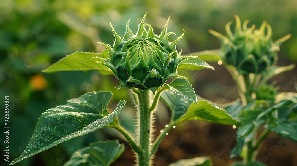 A wide-angle shot of a sunflower plant with a developing flower bud, green and leafy, early morning dew on leaves, soft focus background of a rural garden, hd quality, natural look. --ar 16:9 --v 6. A wide-angle shot of a sunflower plant with a developing flower bud, green and leafy, early morning dew on leaves, soft focus background of a rural garden, hd quality, natural look. --ar 16:9 --v 6.
