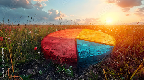 Obraz na płótnie Pie Chart in Grass Field at Sunset - 3D Illustration w salonie