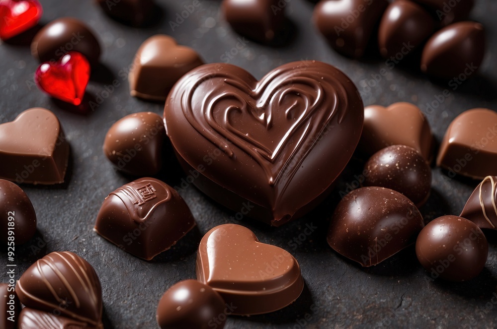 Chocolate with heart-shaped chocolate taken on a dark background and various chocolates Chocolate with heart-shaped chocolate taken on a dark background and various chocolates