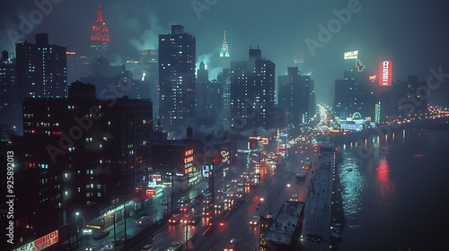 Wallpaper Mural A wide-angle view of the city skyline in the 1980s, a mix of mid-rise buildings and the first skyscrapers under construction, bustling streets with more traffic, neon signs, Torontodigital.ca