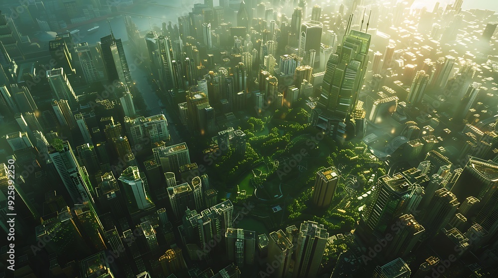 Obraz premium Aerial perspective of a city in the 2030s, futuristic skyline, sustainable architecture, dense but organized population, green rooftops, advanced public transit, bright and utopian visuals,