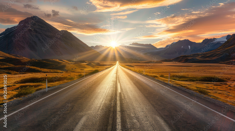 Fototapeta premium road, highway, landscape, sky, travel, asphalt, sunset, nature, desert, horizon, way, mountain, 