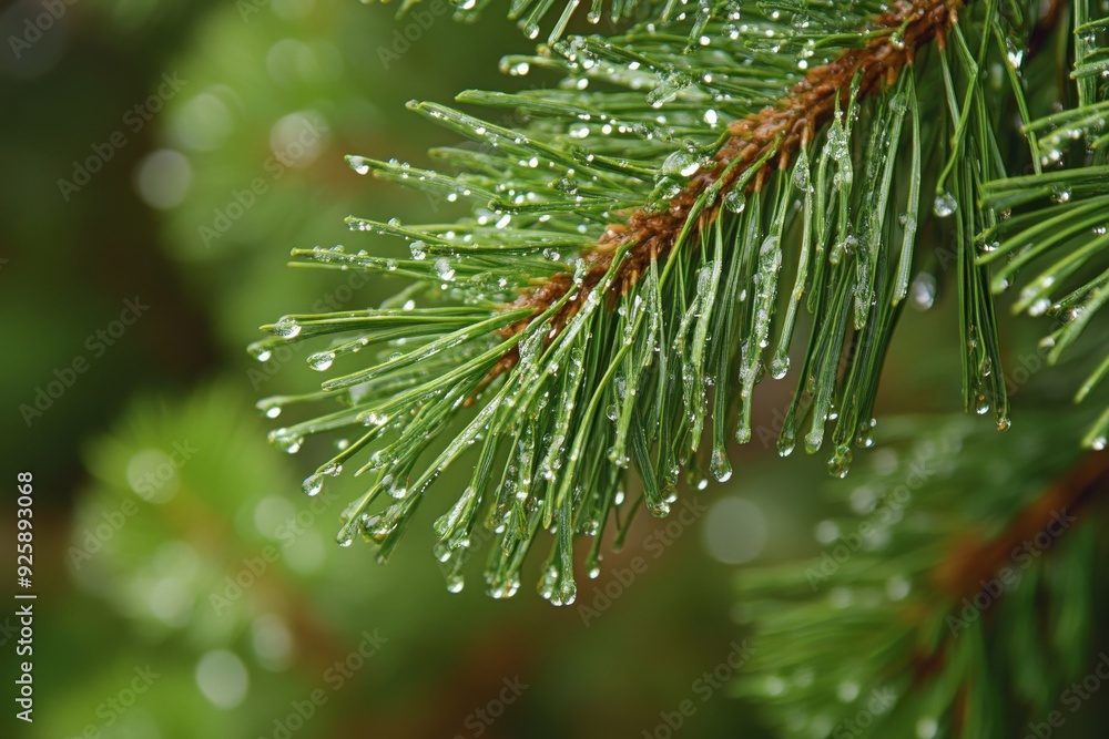 In-depth look at a pine branch showcasing water droplets on its vibrant green leaves In-depth look at a pine branch showcasing water droplets on its vibrant green leaves