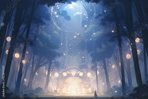 Mystical Stage Ambiance: Billowing Curtains, Hazy Forest Backdrop, and Soft Lighting in an Anime-Style Theatrical Abstract Art, storybook illustrations, comic strips, book illustrations and picture