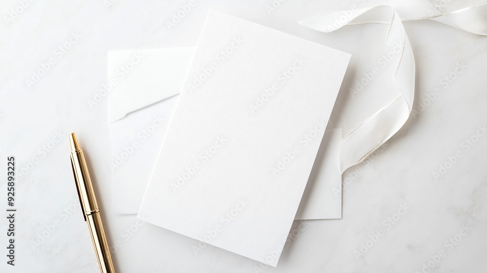 Minimalist wedding invitation mockup on crisp white paper, with simple black typography and a single gold foil line, styled with a white ribbon and a gold pen Minimalist wedding invitation mockup on crisp white paper, with simple black typography and a single gold foil line, styled with a white ribbon and a gold pen
