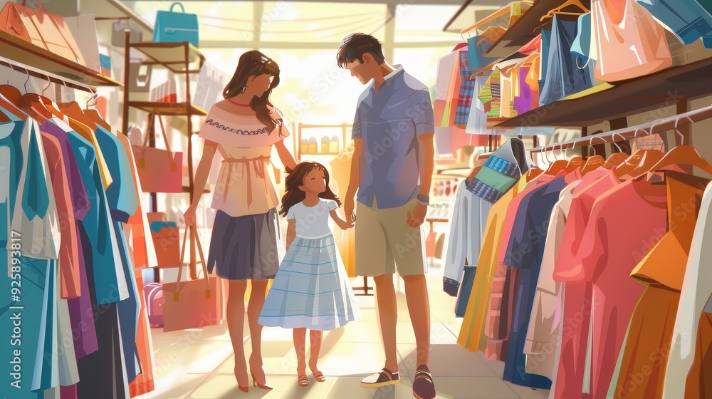 Create a lively scene of a family shopping for clothes at a fashion boutique Create a lively scene of a family shopping for clothes at a fashion boutique