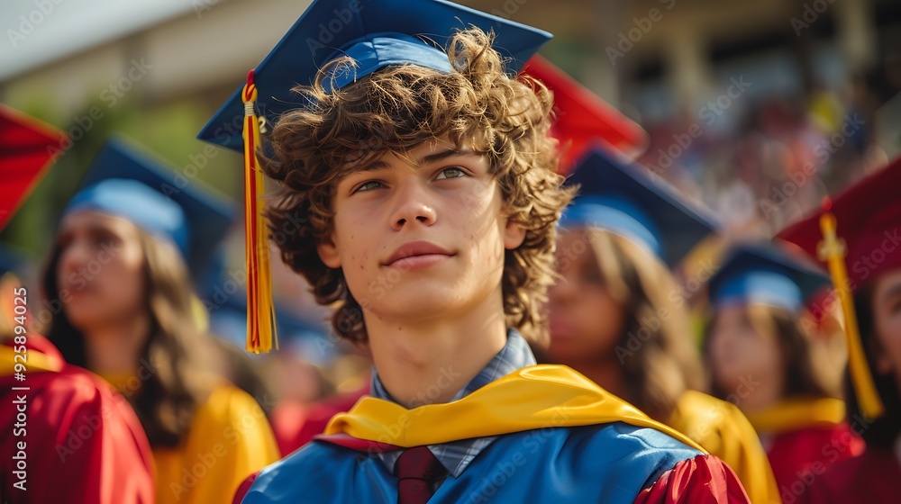 A high-angle view of an adolescent standing with friends at a graduation ceremony, caps and gowns, school building in the background, bright and celebratory atmosphere, clear sunny day, hd quality, A high-angle view of an adolescent standing with friends at a graduation ceremony, caps and gowns, school building in the background, bright and celebratory atmosphere, clear sunny day, hd quality,