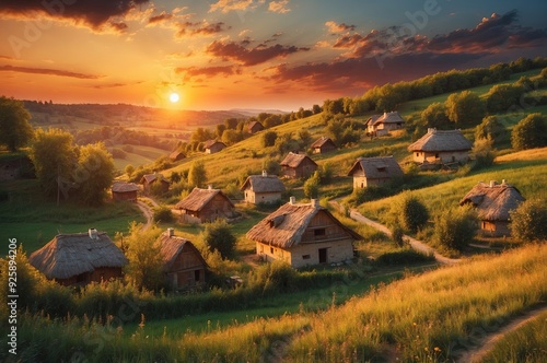 Village houses at sunset in summer.