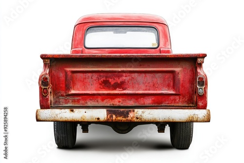 Back Of Old Truck. Vintage Classic Red Pickup Truck Isolated on White Background
