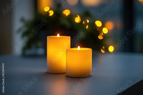 Battery Candles. Beautiful Decorative LED Candles on Grey Table for Interior Design photo